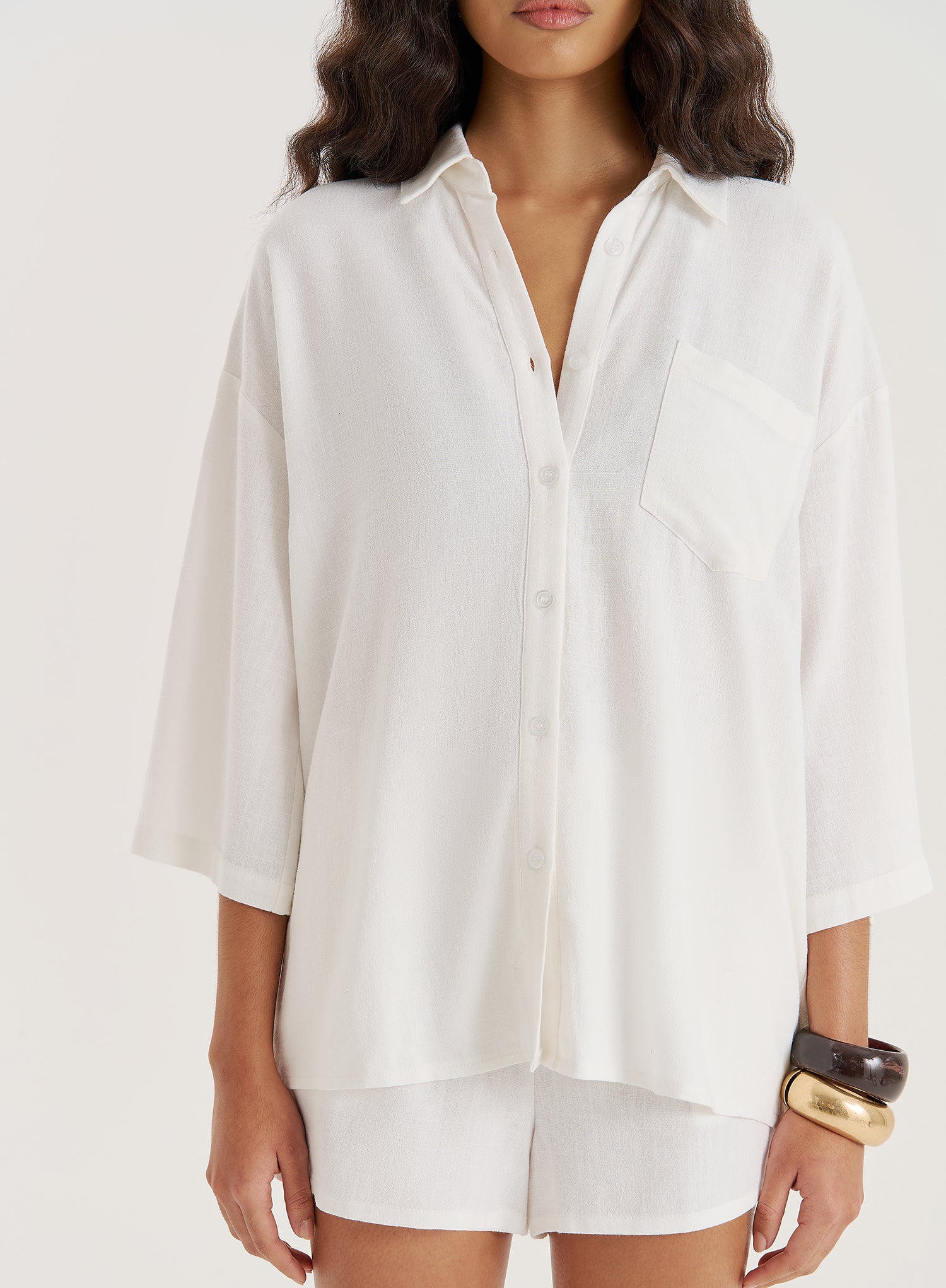 White Linen Blend Short Sleeve Shirt